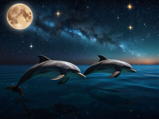 Dolphins jumping in the moonlight