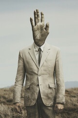 surrealistic portrait of a hand headed man in a suit, photorealistic // ai-generated 