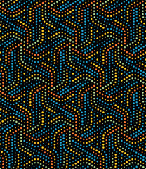 Seamless abstract geometric pattern with dotted spiral lines. Ethnic tribal style with green, yellow, and blue small dots on a black background. Decorative vector illustration.