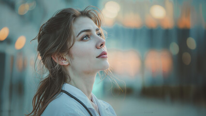 A woman with long hair and a white shirt is looking out the window. The image has a moody and contemplative feel to it, as the woman is lost in thought