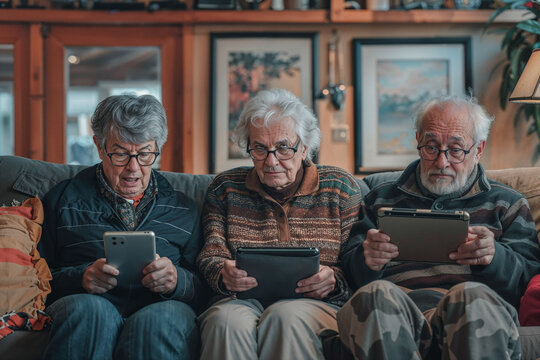 Three older men are sitting on a couch and using tablets. They are all wearing glasses and seem to be enjoying themselves - Powered by Adobe