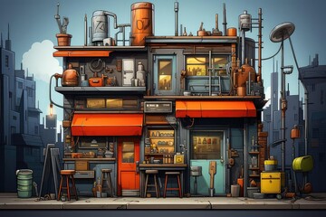 Workshop background flat design side view urban DIY area theme cartoon drawing Splitcomplementary color scheme