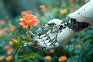 A natural flower is in the hands of a robot