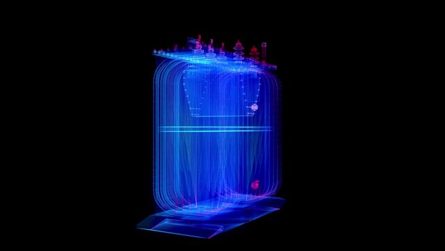 High voltage power transformer. Glowing blue light 3d model energy substation with lines, dots and particles