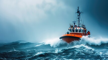 Orange rescue or coast guard patrol boat, an industrial vessel, navigating the blue sea ocean water during a rescue operation in stormy sea conditions
