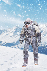 Mountain, cold and man in snow for hiking, extreme sport and trekking on winter travel adventure in nature. Challenge, storm and hiker on cliff with backpack, walking or gear for outdoor climbing.