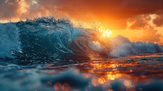 Sunset Wave - Stunning sunset over the ocean with a wave crashing in the foreground, capturing the vibrant colors and dynamic energy of the moment.