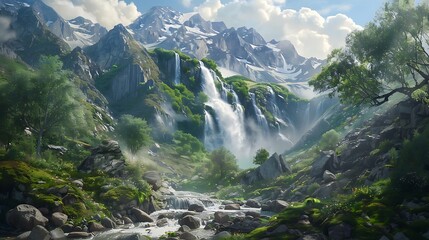A serene mountain landscape with a pristine waterfall cascading down a rocky slope.