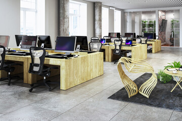 Open and transparent office architecture in modern, wood design - 3D visualization