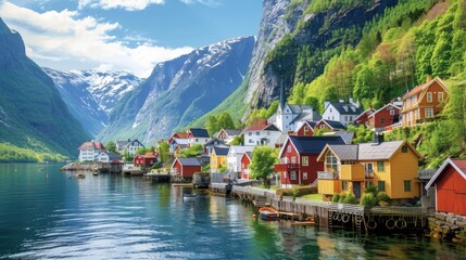 Obraz premium Picturesque Village and Sea View Amid Norwegian Mountains 