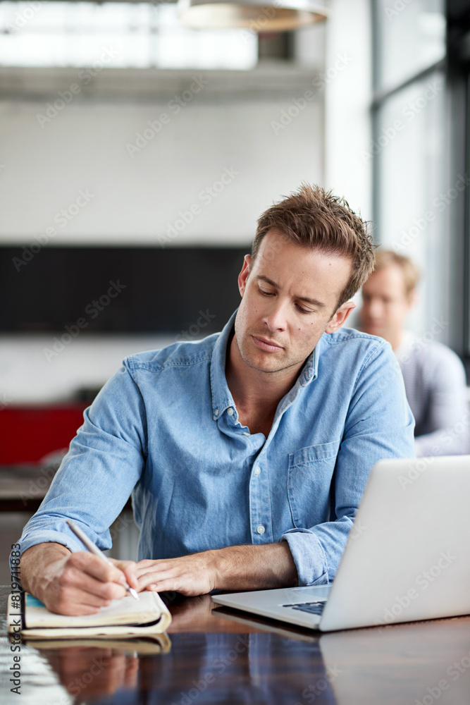 Poster Man, writing notes and laptop in modern office for information with proposal planning, internet and research. Male programmer, coding language and studying on computer for software development skills