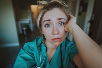 people of ai // sad nurse with blonde hair,in green scrubs, hand on head, worried expression, selfie, indoor setting, photorealistic // ai-generated 