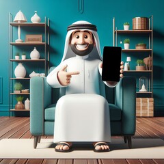 A Saudi character young man holding a phone sitting in the armchair on home