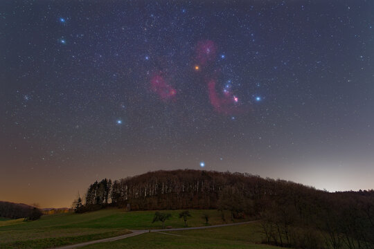 The Orion Constellation over the Odenwald near Lampenhain in Germany.