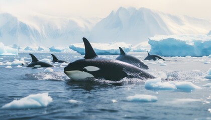 Fototapeta premium Groups of Orcas or killer whales swim and hunt for prey, the top of the food chain in a sea of ​​ice floes