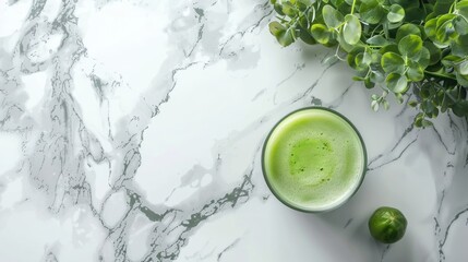 Revitalize Your Morning Routine with Cold-Pressed Green Juice on a Stylish Marble Countertop. Healthy Breakfast Concept.
