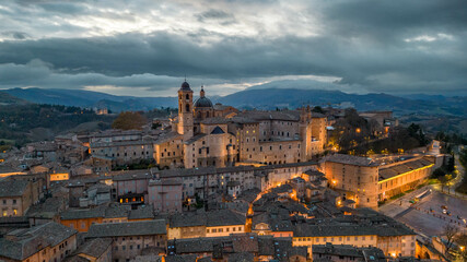 Area view of the medieval village of Urbino in the province of Pesaro and Urbino just after sunrise