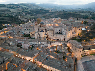 Area view of the medieval village of Urbino in the province of Pesaro and Urbino just after sunrise