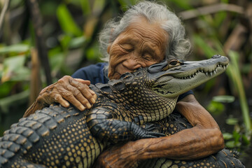 people of ai // old woman hugging an alligator in the jungle, photorealistic // ai-generated 