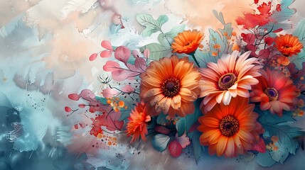 watercolor Exquisite watercolor painting of orange and red flowers.