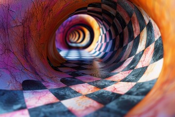 Surreal checkered tunnel with vibrant colors and geometric patterns, creating an abstract,...
