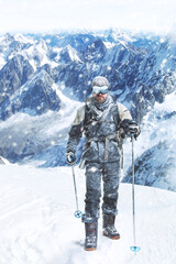 Mountain, snow and fitness man hiking with ski pole in nature for travel, freedom and explore...
