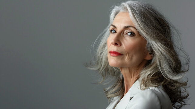 Mature Woman With Grey Hair and White Blazer