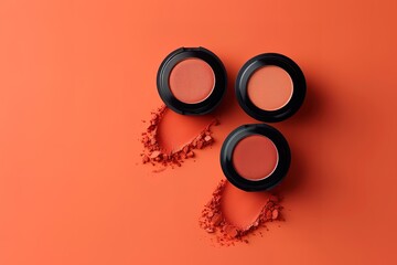 Beauty cosmetics makeup product flying in air cutout minimal Woman make up collection falling on apricot background Trendy fashionable layout Cosmetology make-up advertising, top view