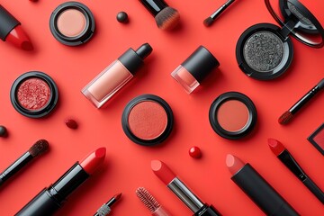 Beauty cosmetics makeup product flying in air cutout minimal Woman make up collection falling on apricot background Trendy fashionable layout Cosmetology make-up advertising, top view
