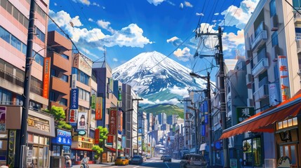 Scenic view of Mount Fuji from a bustling cityscape, illustrated in vibrant and captivating anime style with detailed urban elements
