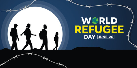 World Refugee Day. People, earth, moon and more. Great for cards, banners, posters, social media and more. Blue background.