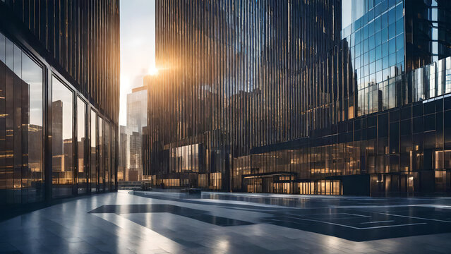 Edifici per uffici in moderna citt&agrave;. Grattacieli futuristici in metropoli al tramonto.