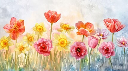 Fototapeta premium watercolor The image shows a field of red and yellow flowers. The flowers are in bloom and the petals are delicate. The background is a soft green. The image is peaceful and serene.
