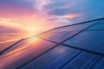 Solar panels installed on a roof, sunset sky - 3D 4k animation. Beautiful simple AI generated image in 4K, unique.