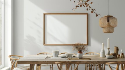 Modern dining area with wooden furniture, plants, and white walls, Frame mockup