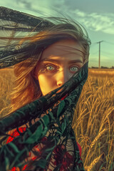 people of ai // beautiful woman in an open field, covering her face with black and red patterned scarves, looking at me through them, green eyes, wind blowing hair, sunset, golden hour, photorealistic