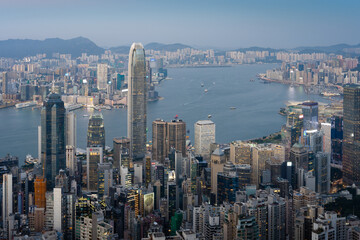 Naklejka premium Skyline at dusk in Hong Kong
