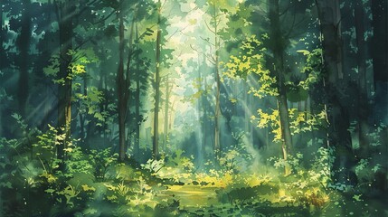 Fototapeta premium watercolor The photo shows a beautiful forest with green trees and a bright sun shining through them.