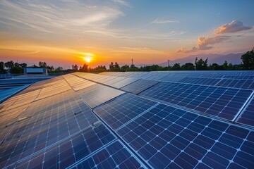 Solar panels installed on a roof, sunset sky - 3D 4k animation. Beautiful simple AI generated image in 4K, unique.