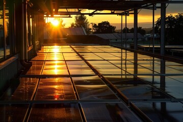 Solar panels installed on a roof, sunset sky - 3D 4k animation. Beautiful simple AI generated image in 4K, unique.