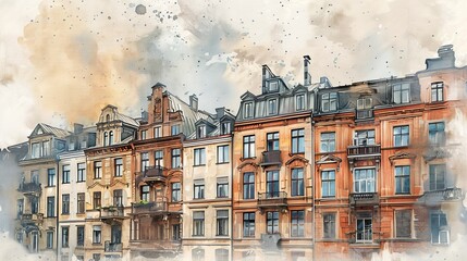 Fototapeta premium watercolor The watercolor painting shows a row of old European-style buildings with their characteristic features.