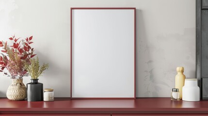 Elegant black framed mockup with floral decor, red console table, perfect for interior design presentations, Frame mockup