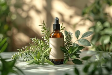 Cosmetic bottle containers with green herbal leaves, Blank label for branding mock-up, Natural beauty product concept