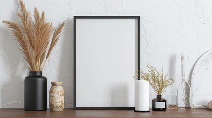 Modern black framed mockup with vase decor, white background, perfect for interior design and artwork display, Frame mockup