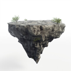 3d Fantasy float rock island, surreal flying stone land with surreal concept isolated on 3d illustration white background. fantasy floating island with natural grass field on the rock, surreal float 