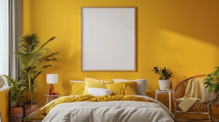 Vibrant Bedroom in Sunny Yellow, Frame Mockup Ideal for Cheerful and Inviting Home Interiors