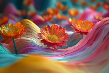 Vibrant floral art in surreal landscape, blending vivid colors and textures to create a mesmerizing nature-inspired digital artwork.