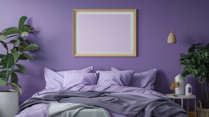Trendy Bedroom Decor in Deep Lavender, Frame Mockup Ideal for Stylish and Modern Interiors