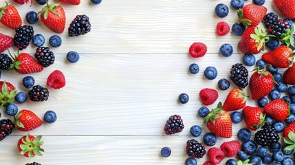 Fresh strawberries, raspberries, blueberries, and mint are beautifully displayed on a white wooden table. These vibrant natural foods are perfect ingredients for a berry cake recipe AIG50