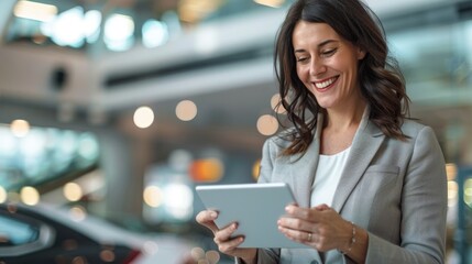 Smiling Woman Using Tablet